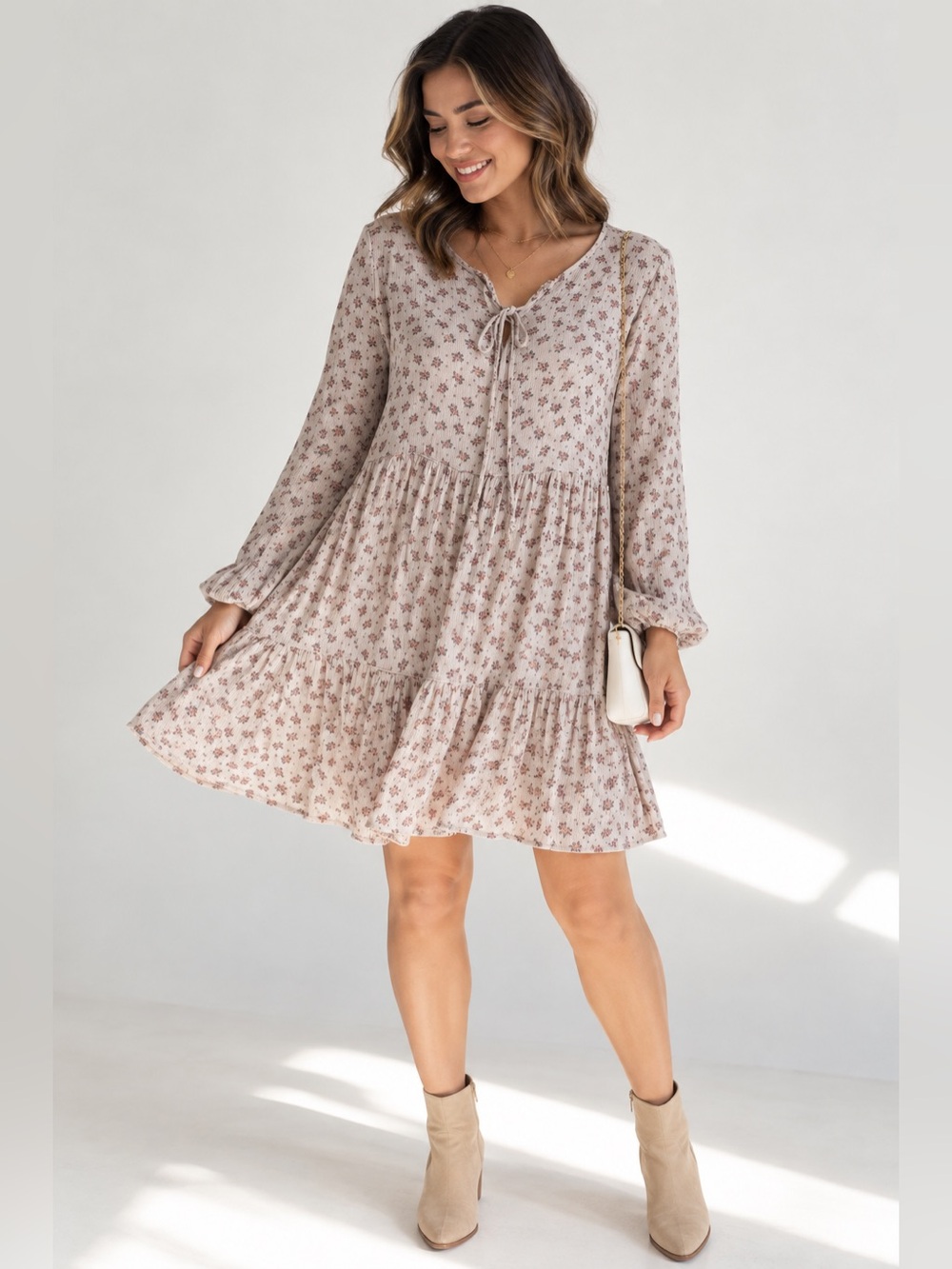 NWOT CJLA BrooklynBeige Floral Long Sleeve Tiered Midi Flowy Cottage Dress